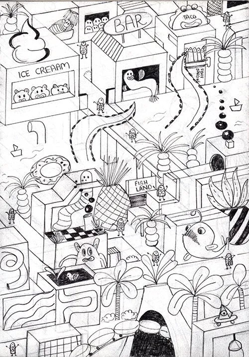 Sketchbook page exploring world building